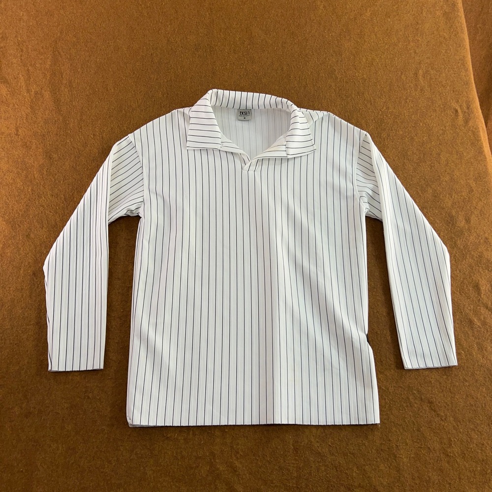 EKSI 1 Mens Medium White Pinstripe Ribbed Long Sleeve Polo Shirt New *Flaw